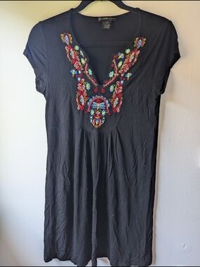 Design History Black Dress with Multicolor Embroidered V-Neck